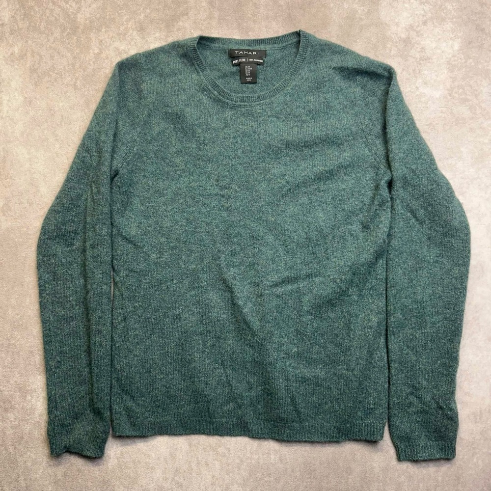 Tahari Pure Luxe 100% Cashmere Crew Neck Sweater Green Heathered Mens Medium